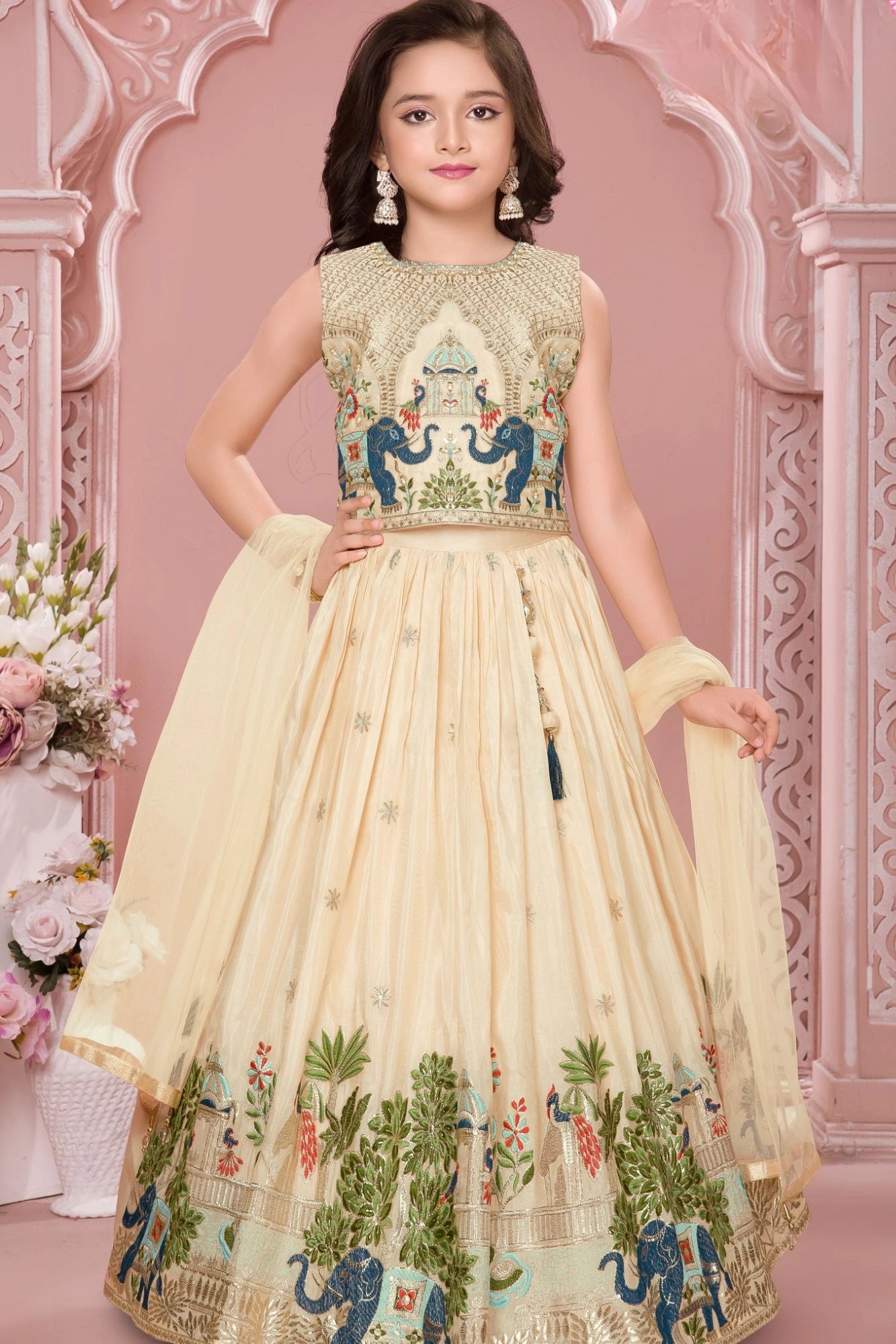 Cream Lehenga Choli Set With Elephant Embroidery And Dupatta For Girls