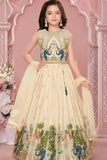 Cream Lehenga Choli Set With Elephant Embroidery And Dupatta For Girls