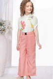 Peach Wide-Leg Pant With Floral Printed White Shirt For Girls
