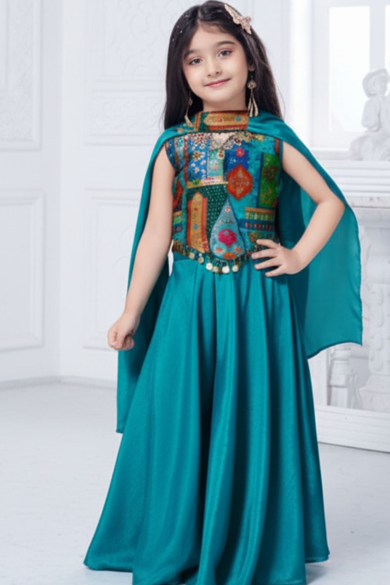 Blue Embellished Palazzo Set with Coin Lace Detailing For Girls