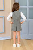 Elegant Black And White Houndstooth Printed Vest Coat With Top And Skirt Set For Girls