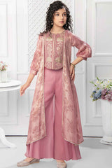 Onion Pink Embroidered And Stone Work Top With Palazzo Set For Girls