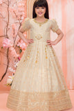 Elegant Cream Silk Embroidered Gown with Zari Border For Girls