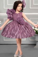 Wine Shimmer Designer Party Frock With Floral Embellishments For Girls