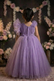 Girls Lavender Sequin Party Wear Gown with Ruffle Sleeves