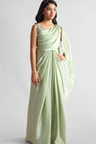 Light Green Pre-Draped Saree Gown with Embellished Strap For Girls