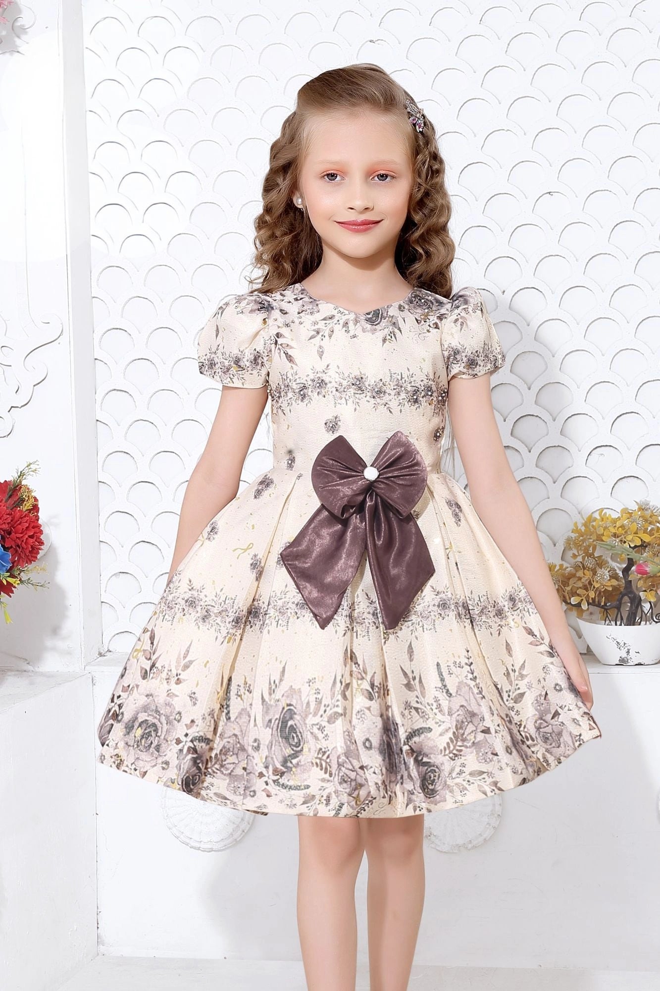 Elegant Cream Floral Printed Frock with Chocolate Brown Bow For Girl