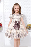 Elegant Cream Floral Printed Frock with Chocolate Brown Bow For Girl