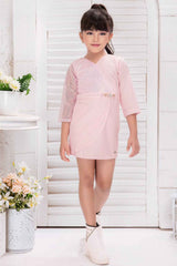 Pink 3/4th Sleeves And Sequins Work With Floral Embellished Dress For Girls