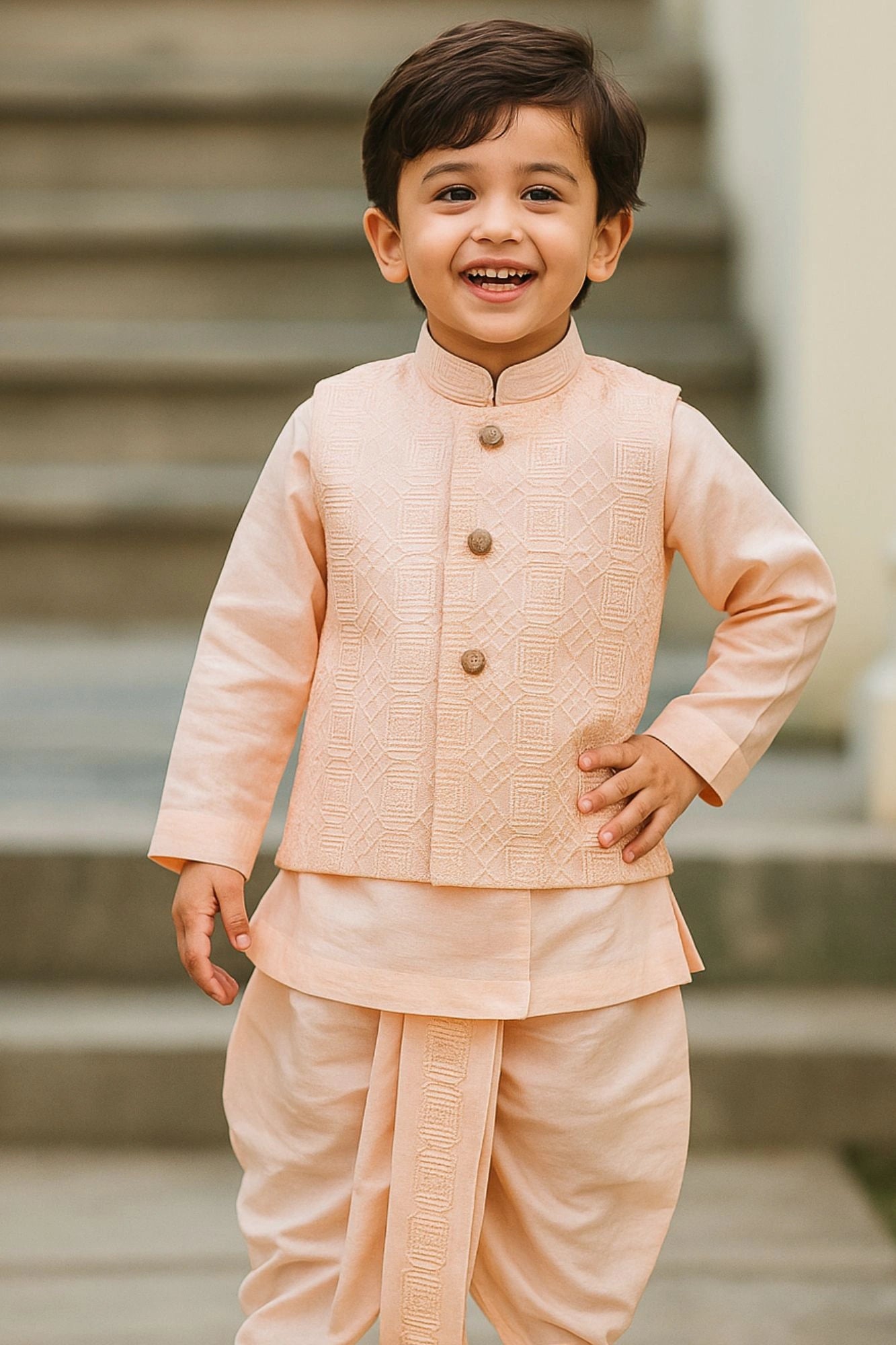 Peach Dhoti Kurta Set With Embroidered Nehru Jacket For Boys