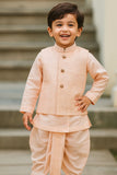Peach Dhoti Kurta Set With Embroidered Nehru Jacket For Boys
