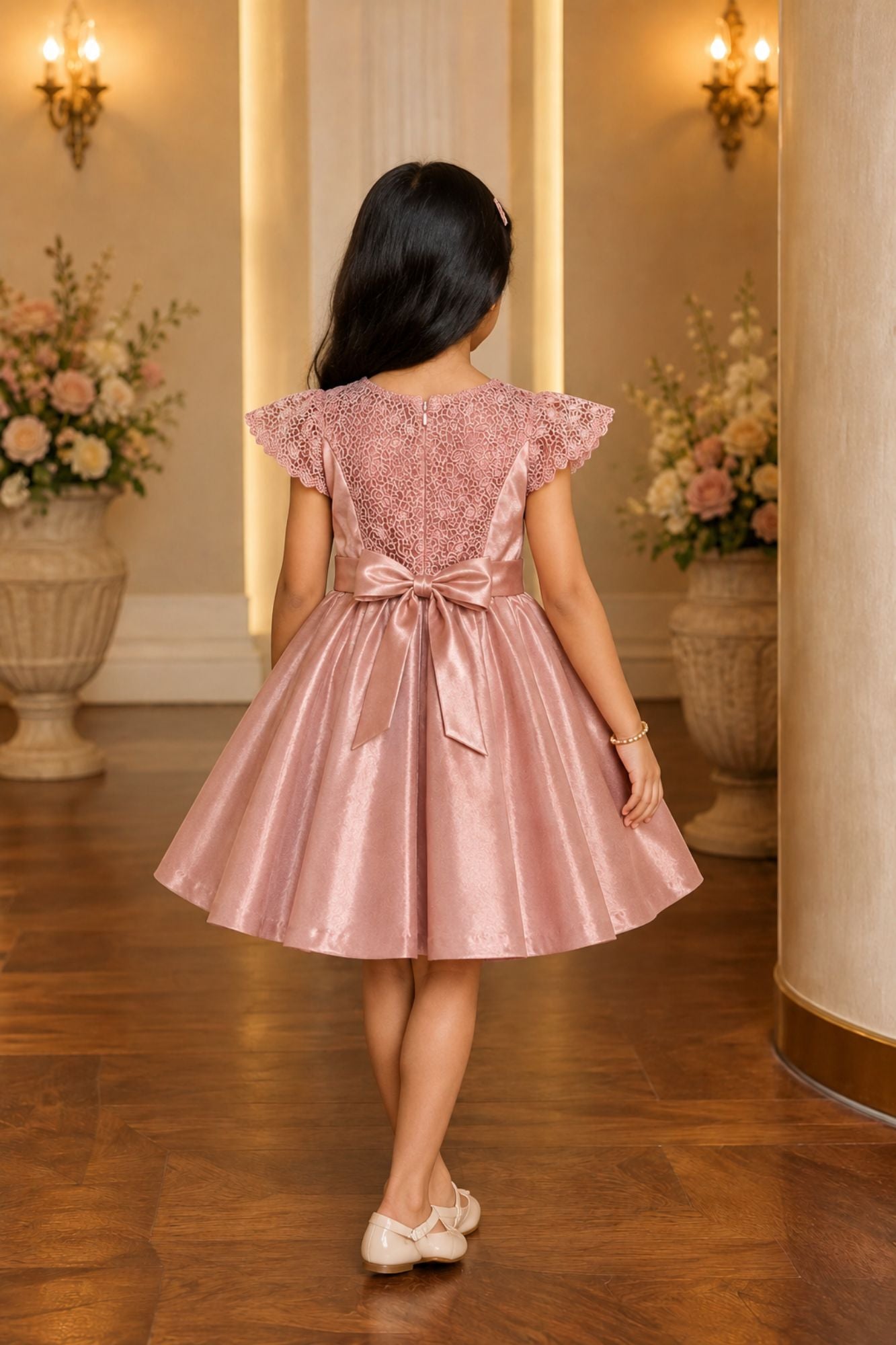 Dusty Pink Satin Party Frock with Floral Lace Bodice