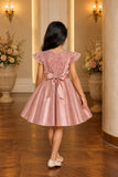 Dusty Pink Satin Party Frock with Floral Lace Bodice