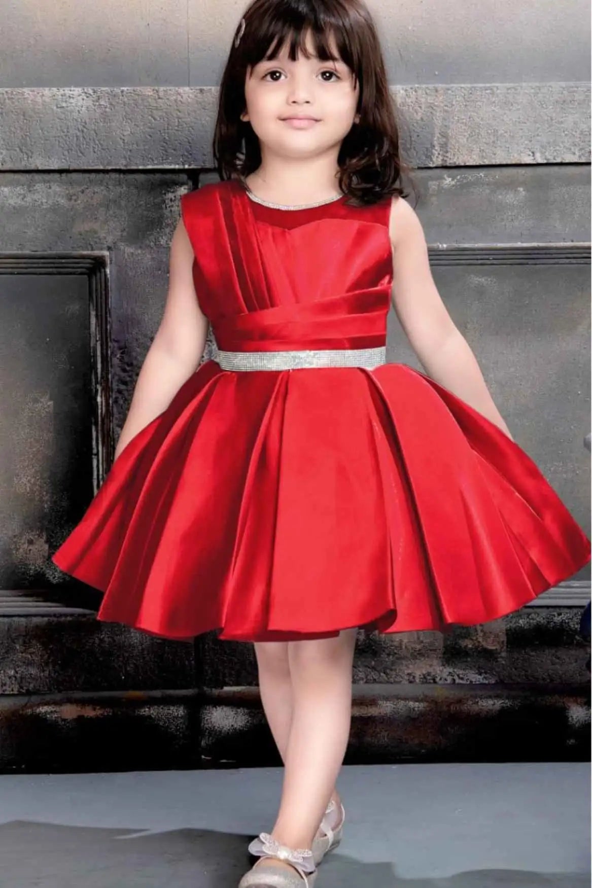 Red High Low Satin Partywear Frock With Stone Work For Girls