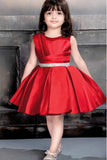 Red High Low Satin Partywear Frock With Stone Work For Girls