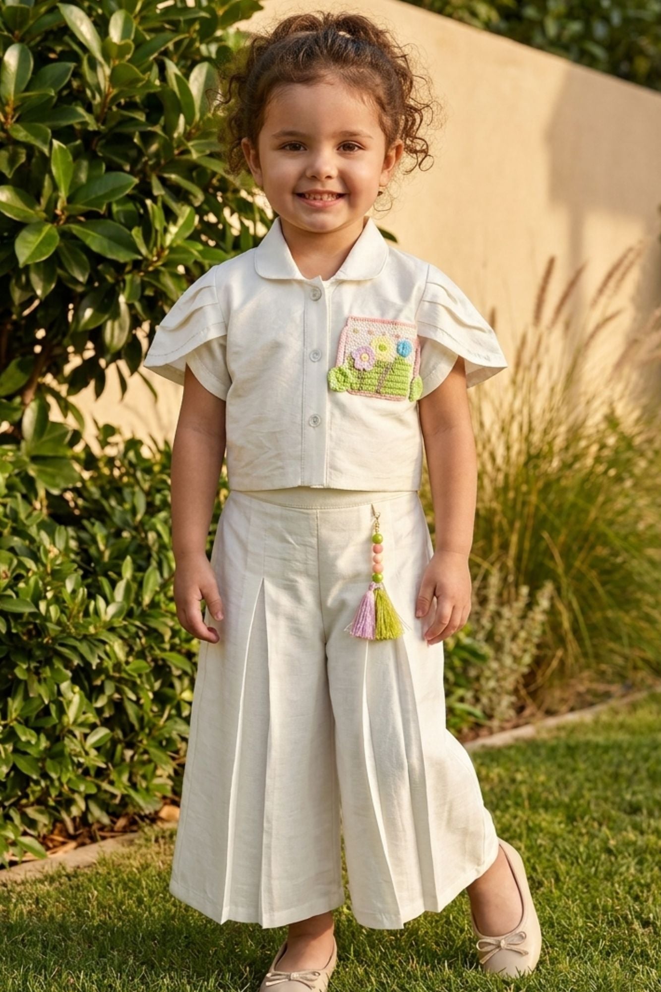 Girls Cream Pleated Co-Ord Set with Floral Patch Pocket