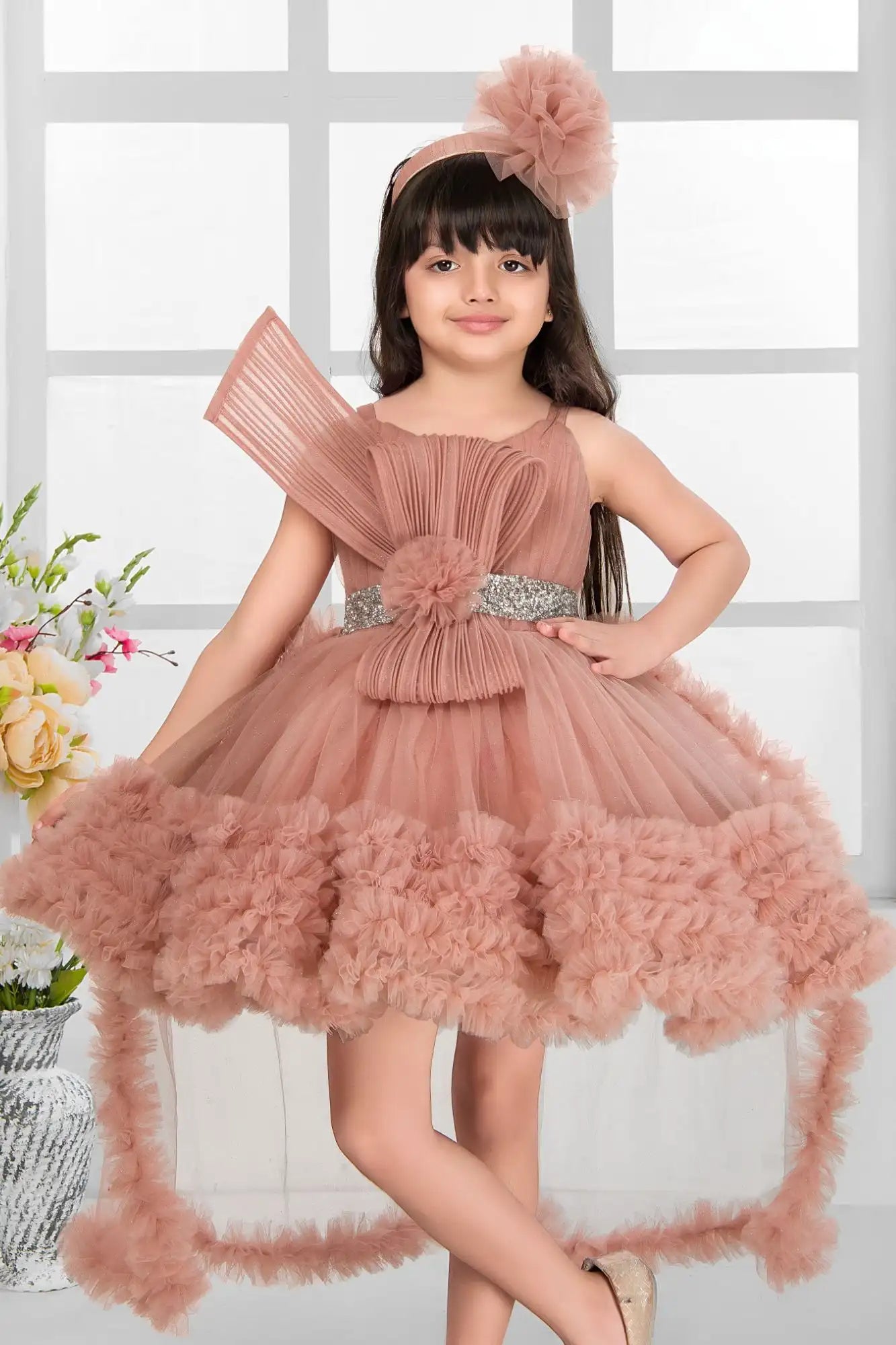 Dusty Pink Shimmer Party Gown with Dramatic Ruffles And Bow Accent For Girls