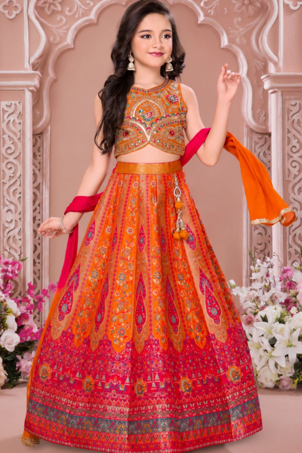 Girls Heavy Embroidered Orange And Pink Lehenga Choli Set With Dupatta