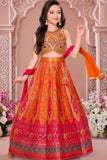 Girls Heavy Embroidered Orange And Pink Lehenga Choli Set With Dupatta