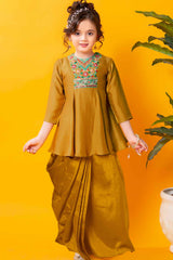 Mustard Embroidered Top With Dhoti Bottom Set For Girls