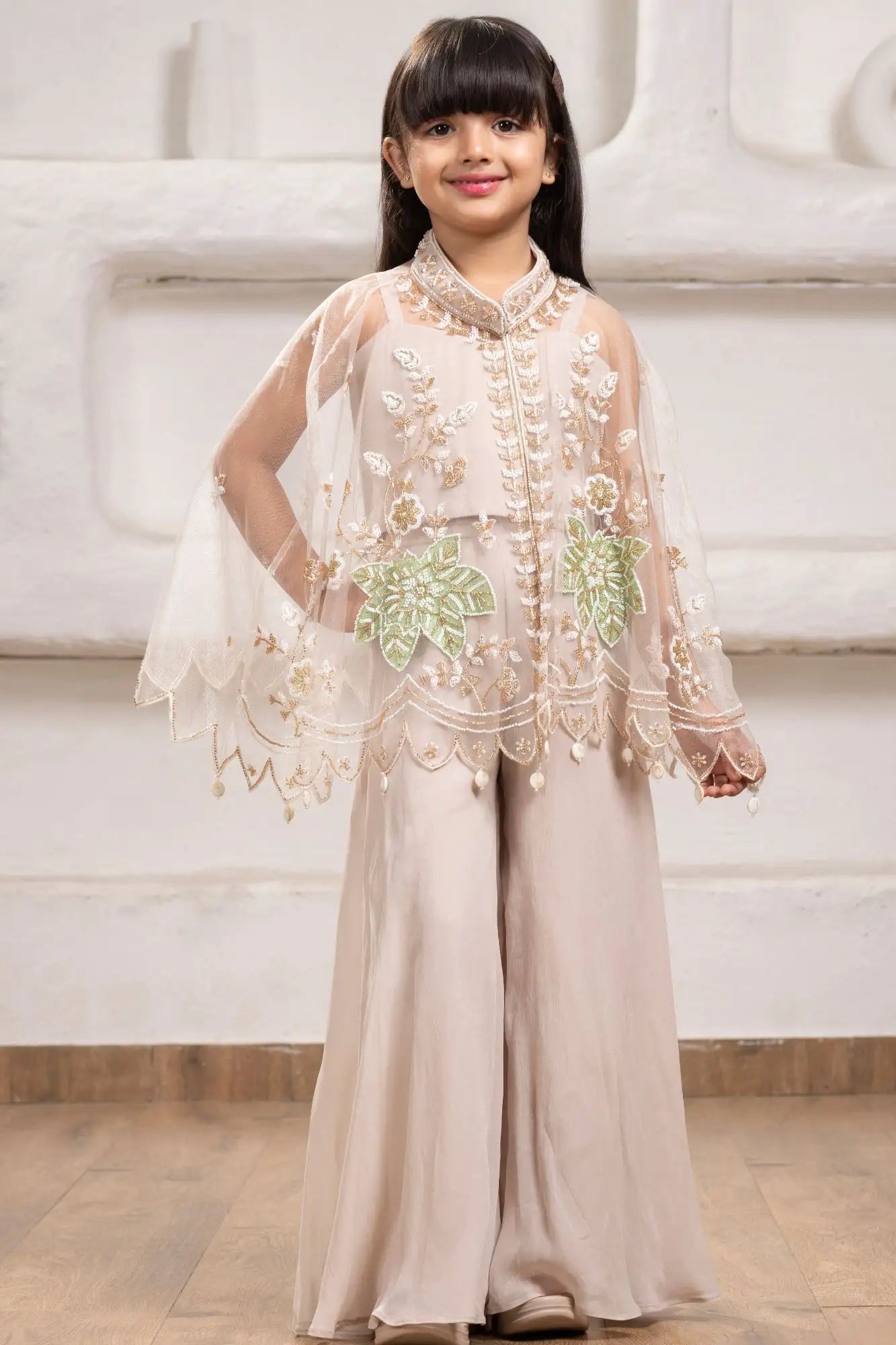 Beige Cape Style Palazzo Set With Sequin Floral Embroidery For Girls