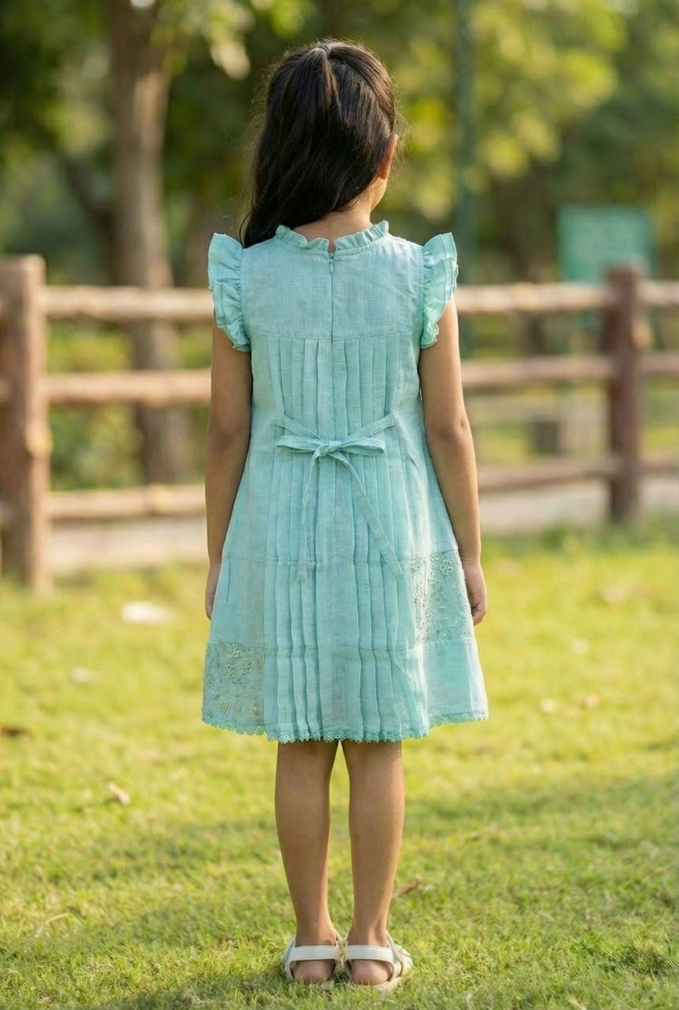 Light Blue Embroidered Pleated Frock For Girls