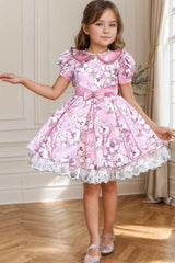 Onion Pink Floral Printed Frock With Peter Pan Collar For Girls