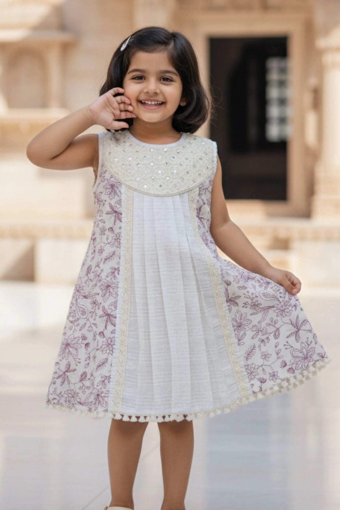Cream And Lilac Floral Printed Dress with Lace Detailing For Girls