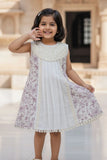 Cream And Lilac Floral Printed Dress with Lace Detailing For Girls