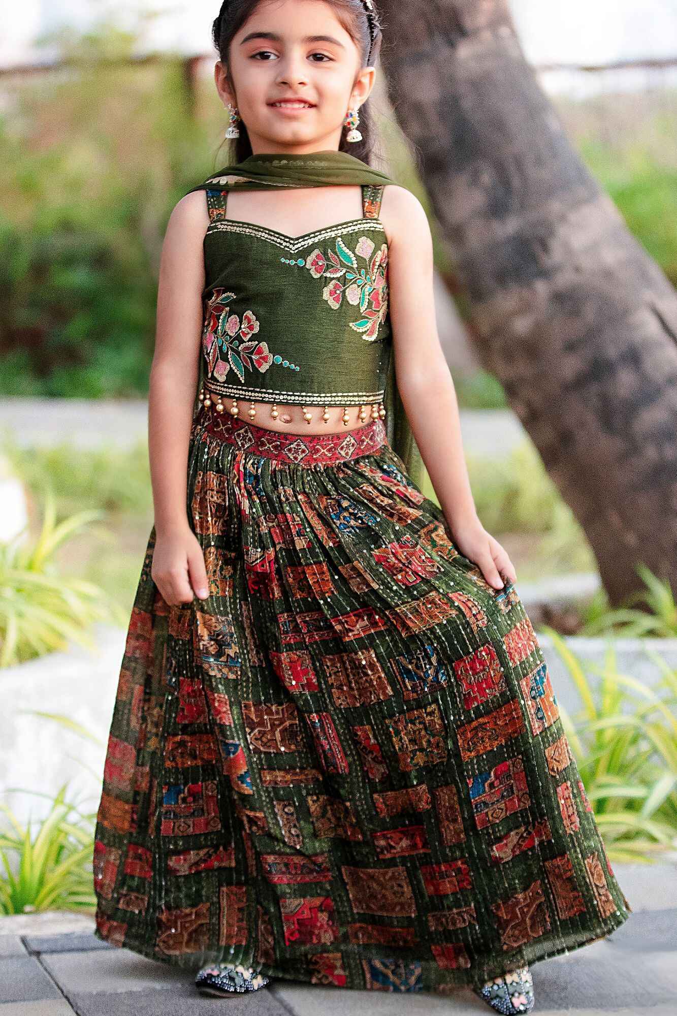 Girls Olive Green Embroidered Lehenga Choli Set with Traditional Print Skirt