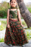 Girls Olive Green Embroidered Lehenga Choli Set with Traditional Print Skirt