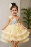 Yellow Embroidered Ruffle Party Frock with Floral Accents For Girls