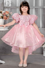 Pink Puff Sleeves With Sequins Work Tailback Frock For Girls