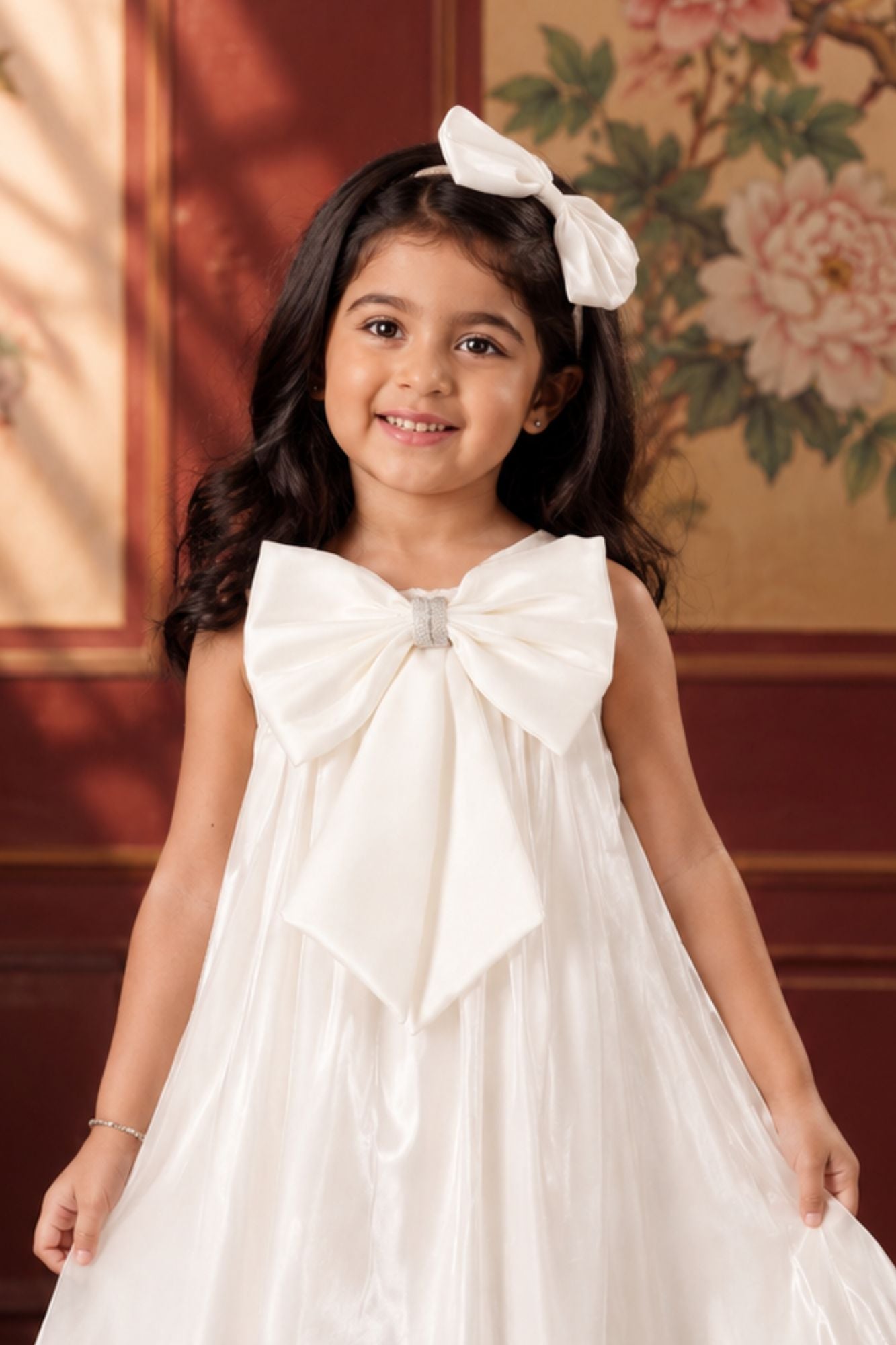 Pearl White 3D Bow Embellished Party Wear Frock For Girls