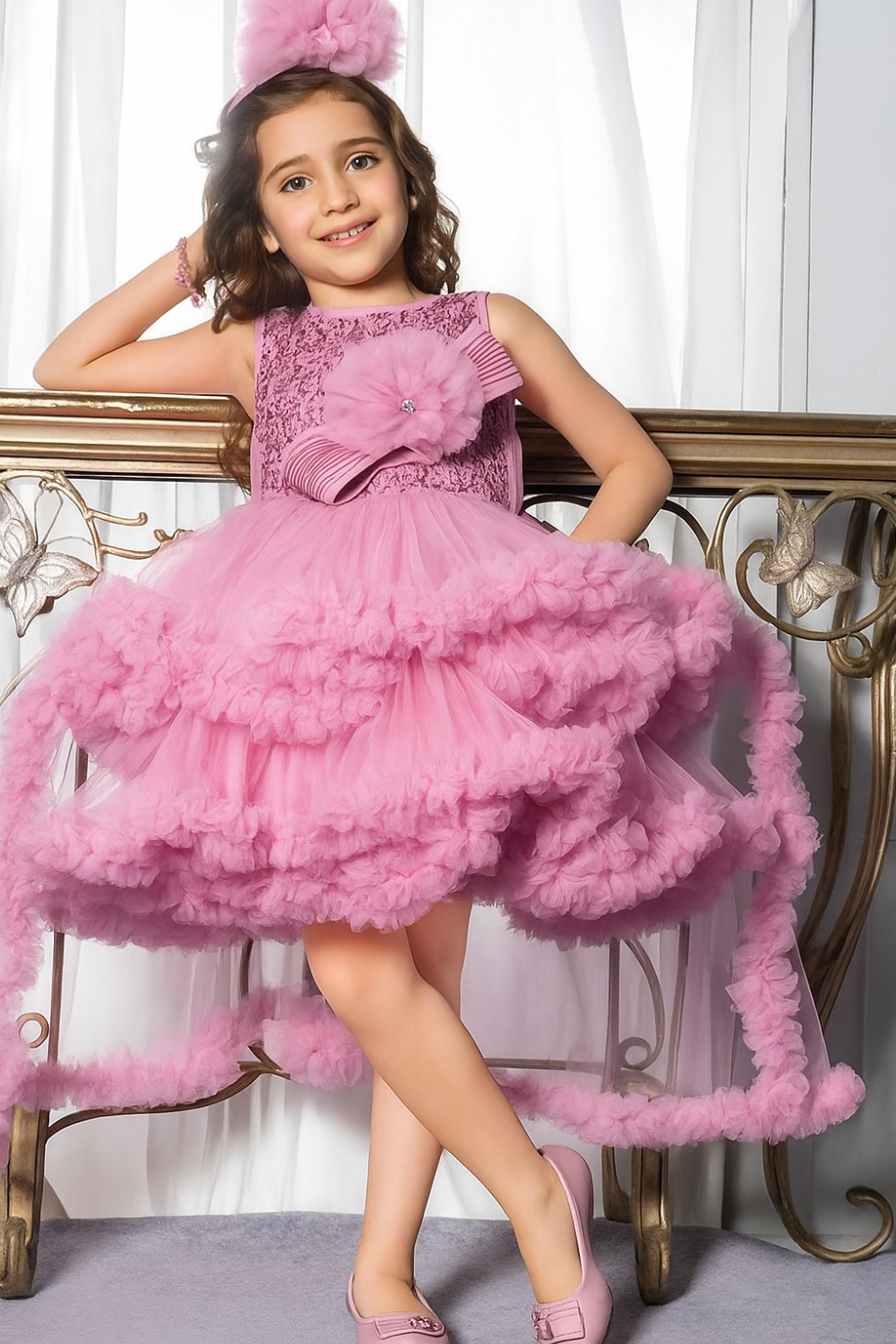 Bold Onion Pink High-Low Partywear Frock for Girls