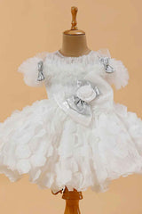 Cream Ruffled And Bow Embellished Frock For Girls