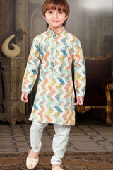 Lemon ZigZag Printed Kurta And White Bottom Set For Boys