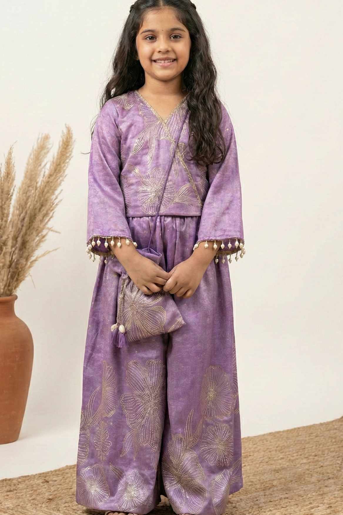 Designer Lavender Embroidered Palazzo Set with Potli Bag for Girls