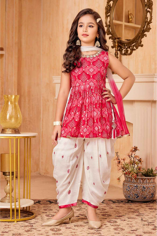 Rani Pink Mirror Work Kurti With Sequins And Zari Embroidered Dhoti Set For Girls