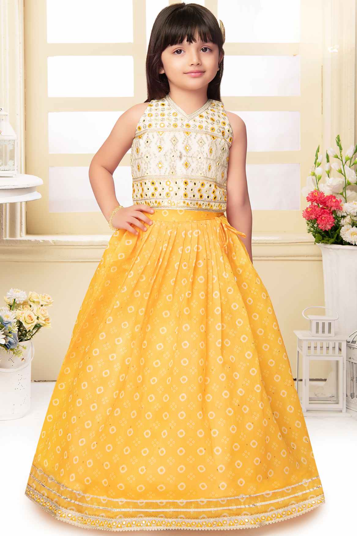 Yellow Bandhani Printed Lehenga Choli With Mirror And Embroidered For Girls