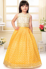 Yellow Bandhani Printed Lehenga Choli With Mirror And Embroidered For Girls