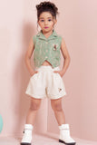 Girls Green Embroidered Sleeveless Jacket And Shorts Set