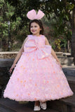 Peach Party Wear Gown With Sequin Flowers And Giant Bow For Girls
