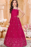 Magenta One-Shoulder Embroidered Lehenga Choli Set For Girls