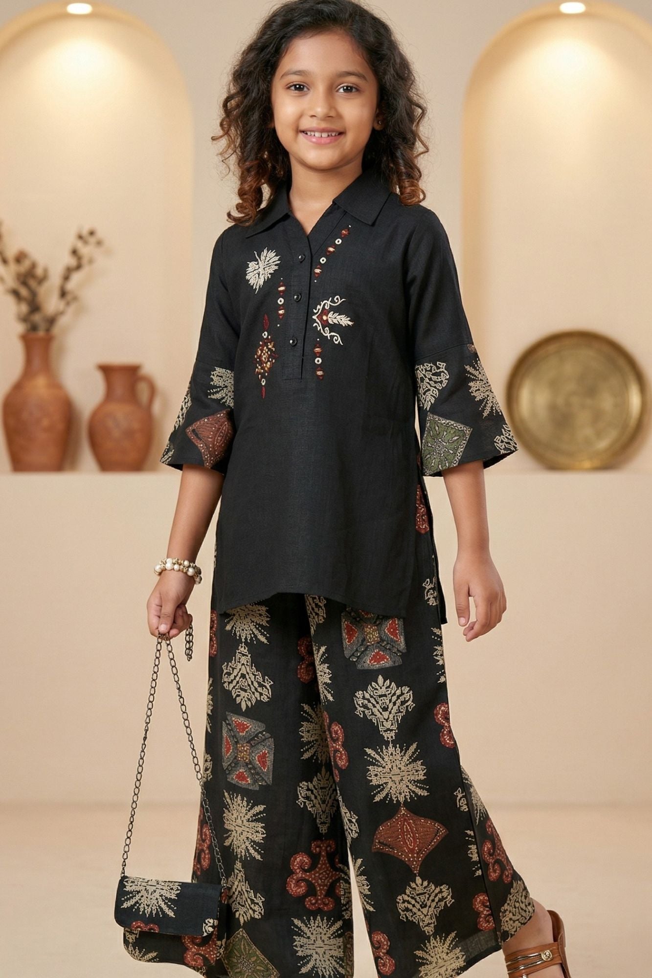 Black Ethnic Printed Co-Ord Set For Girls