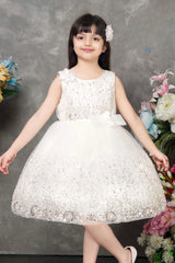 White Sequin Party Wear Frock with Floral Appliqué for Girls
