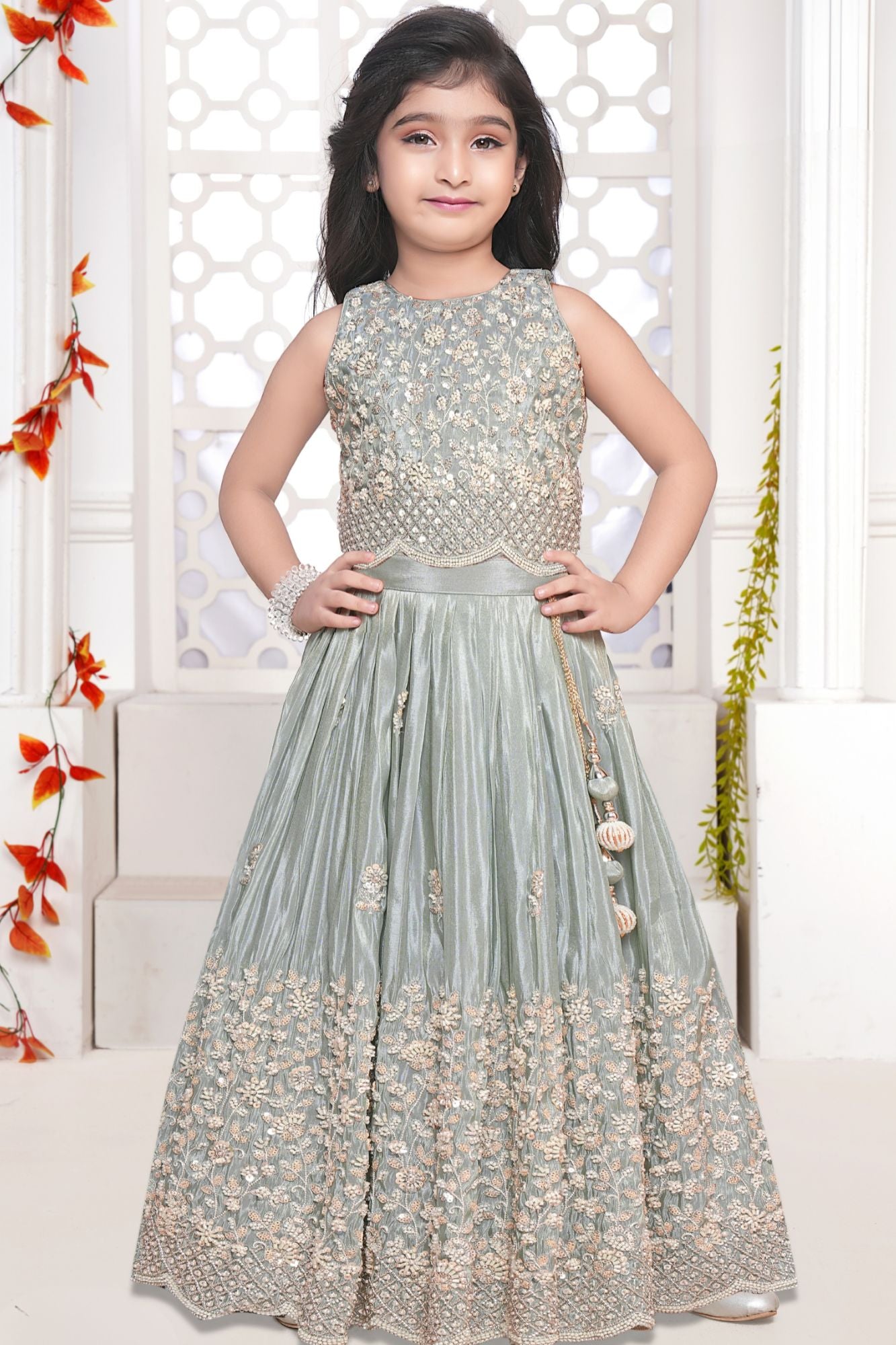 Light Grey Heavy Embroidered Lehenga Choli For Girls