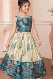 Cream And Teal Floral Print And Traditional Patchwork Lehenga Choli For Girls