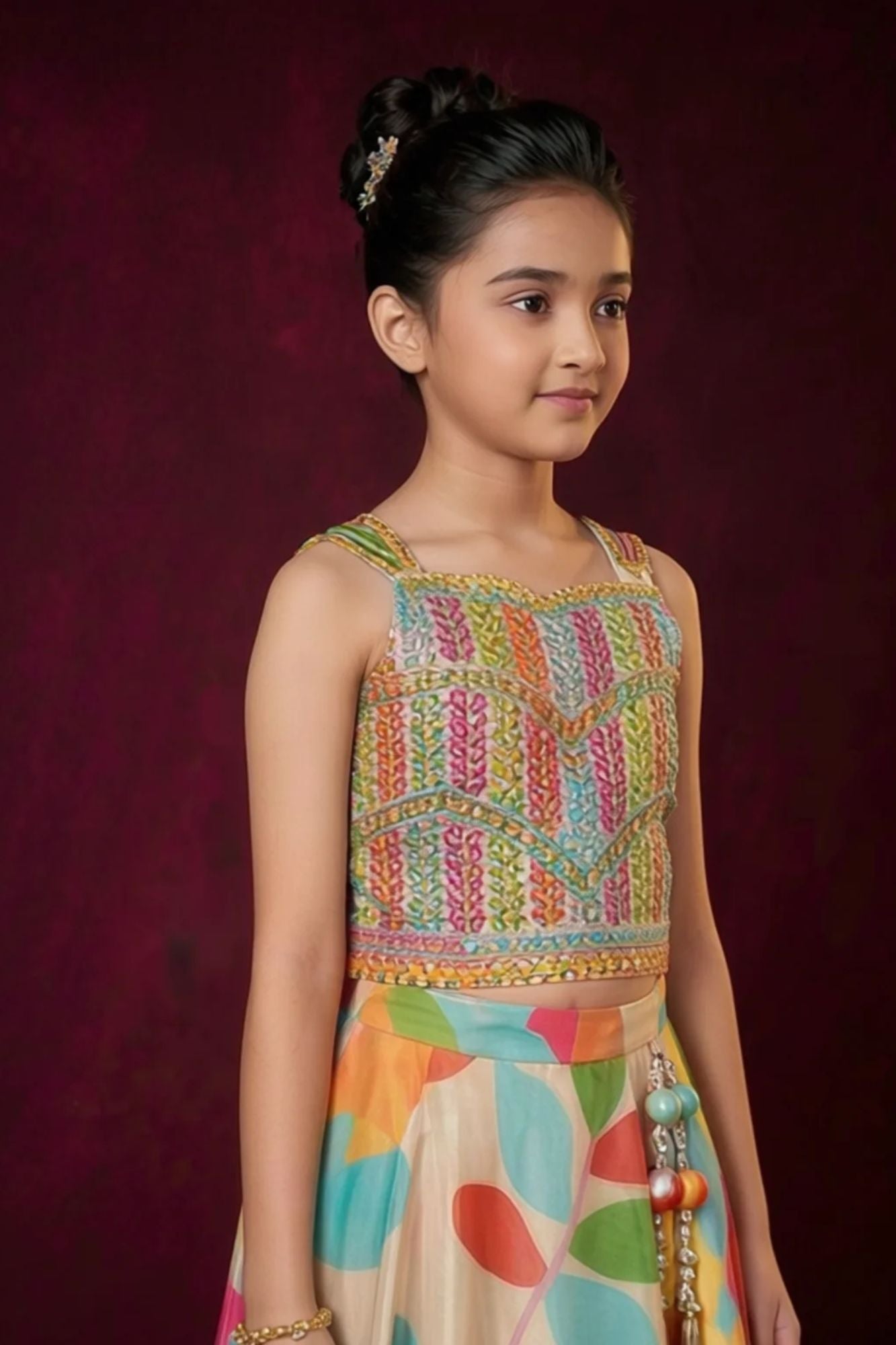 Multicolor Mirror-Embroidered Lehenga Choli Set for Girls