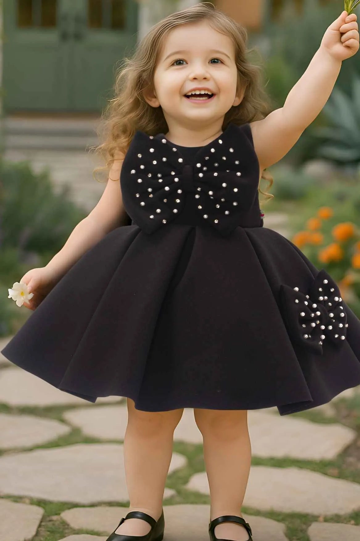 Black Party Frock With Pearl-Studded Bows For Girls